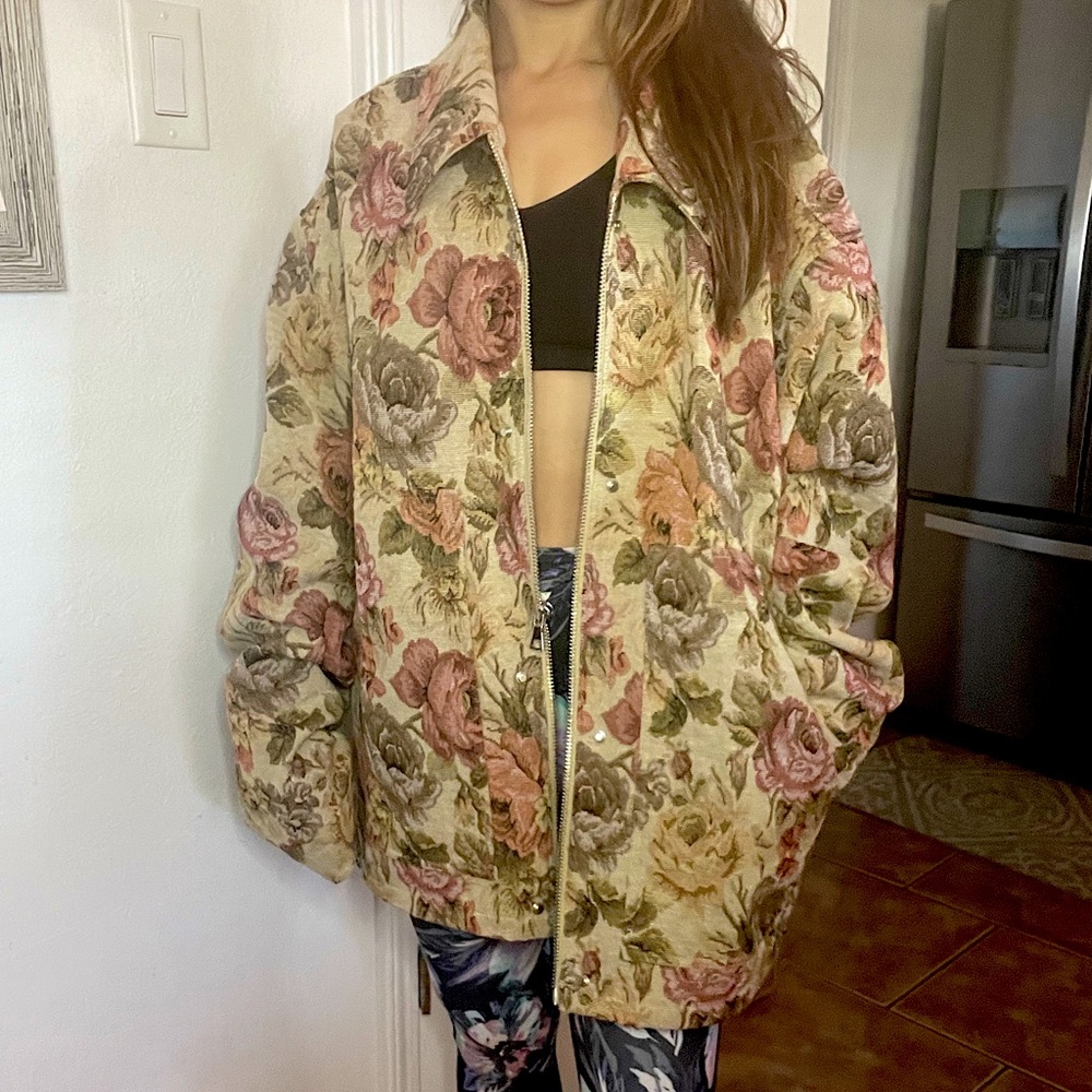 Fashion Nova Floral Tapestry Bomber Jacket in Beige, Pink, Green